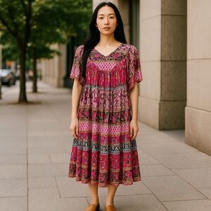 Sanbury Red Boho Print V Neck Rayon Casual Summer Midi Dress Women's Size Medium